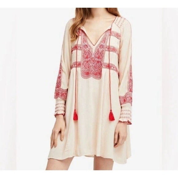 Free People Embroidered Mini Peasant Tunic Dress Top XS Boho Wind‎ Willow Tassel - Picture 1 of 12